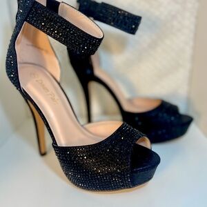 Elegant Black Rhinestone Peep-Toe Heels